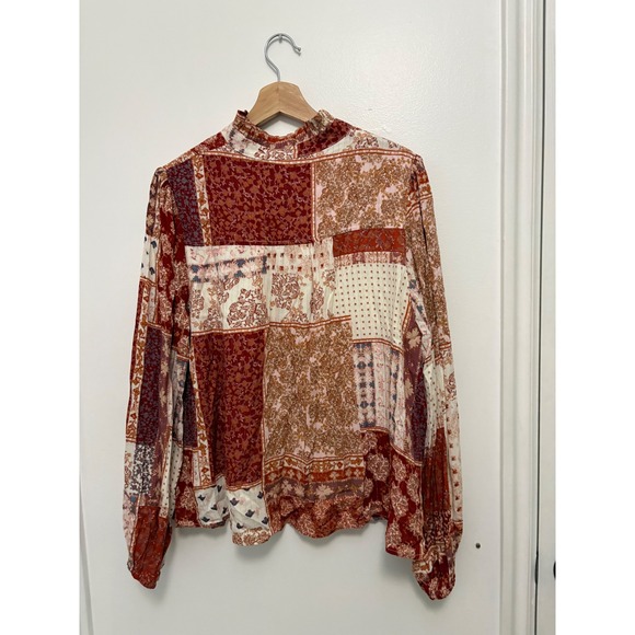 New Moda Rust Patchwork Print Top – V-Neck with Buttons – Large - Picture 4 of 4